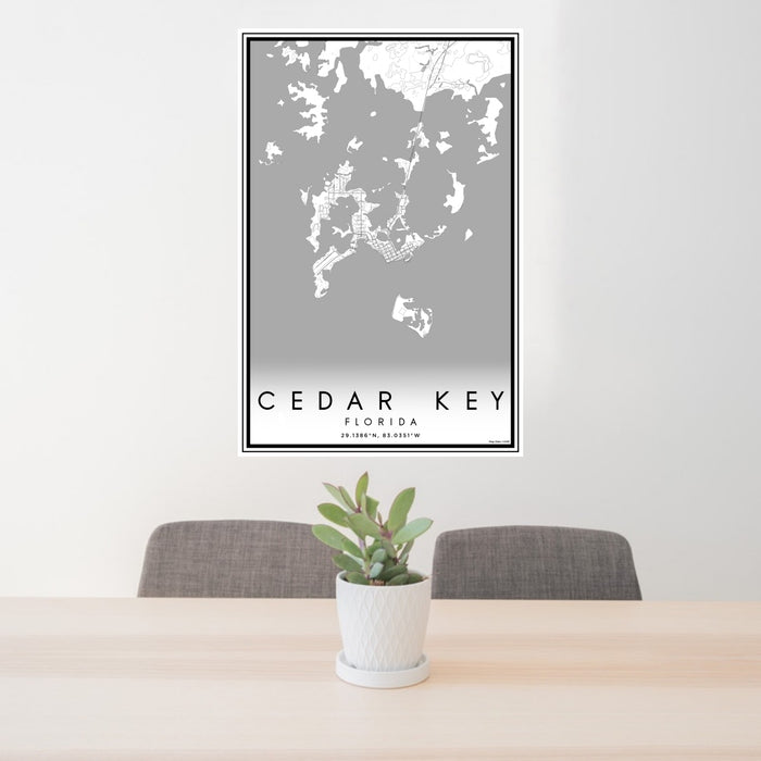 24x36 Cedar Key Florida Map Print Portrait Orientation in Classic Style Behind 2 Chairs Table and Potted Plant