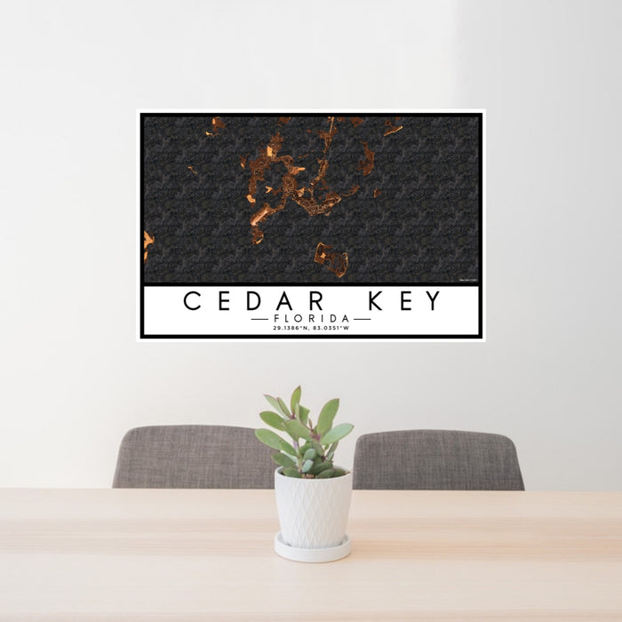 24x36 Cedar Key Florida Map Print Lanscape Orientation in Ember Style Behind 2 Chairs Table and Potted Plant