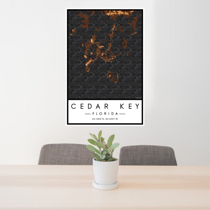 24x36 Cedar Key Florida Map Print Portrait Orientation in Ember Style Behind 2 Chairs Table and Potted Plant