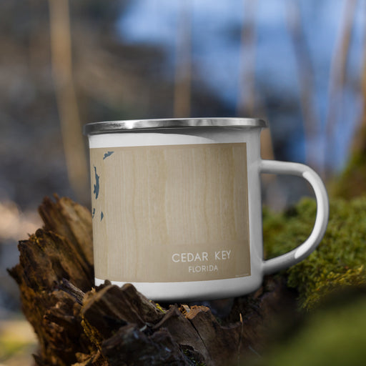 Right View Custom Cedar Key Florida Map Enamel Mug in Afternoon on Grass With Trees in Background