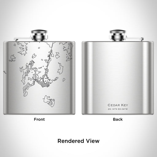 Rendered View of Cedar Key Florida Map Engraving on 6oz Stainless Steel Flask