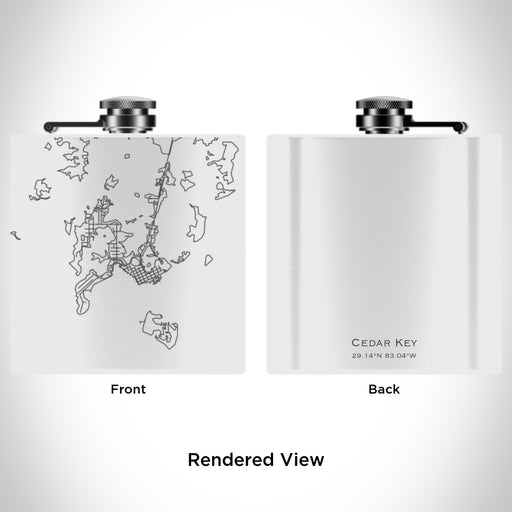Rendered View of Cedar Key Florida Map Engraving on 6oz Stainless Steel Flask in White