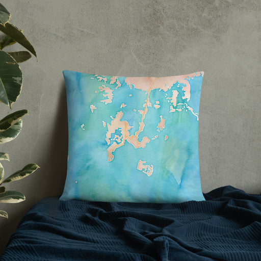 Custom Cedar Key Florida Map Throw Pillow in Watercolor on Bedding Against Wall