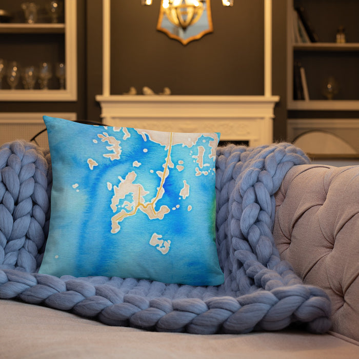 Custom Cedar Key Florida Map Throw Pillow in Watercolor on Cream Colored Couch