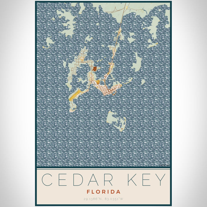 Cedar Key Florida Map Print Portrait Orientation in Woodblock Style With Shaded Background
