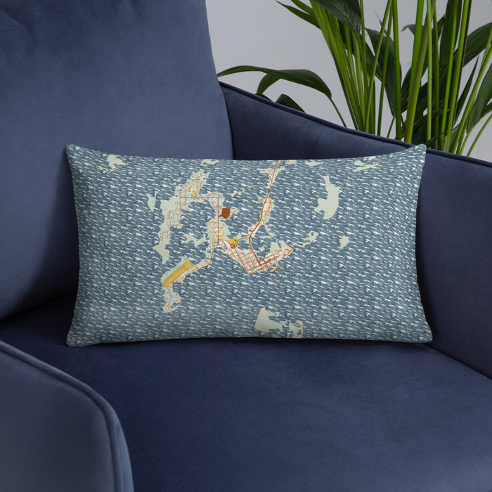 Custom Cedar Key Florida Map Throw Pillow in Woodblock on Blue Colored Chair