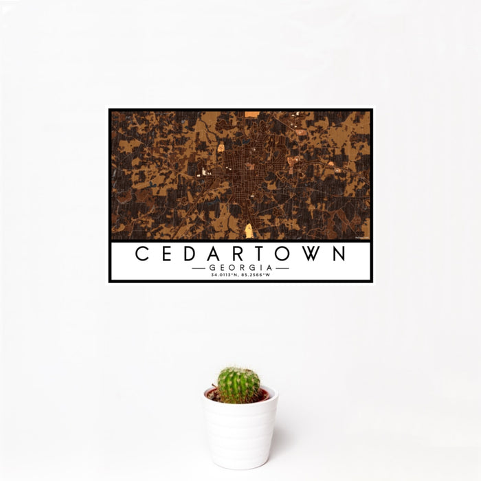12x18 Cedartown Georgia Map Print Landscape Orientation in Ember Style With Small Cactus Plant in White Planter