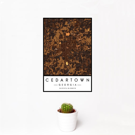 12x18 Cedartown Georgia Map Print Portrait Orientation in Ember Style With Small Cactus Plant in White Planter