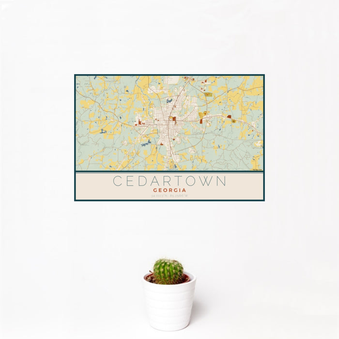 12x18 Cedartown Georgia Map Print Landscape Orientation in Woodblock Style With Small Cactus Plant in White Planter