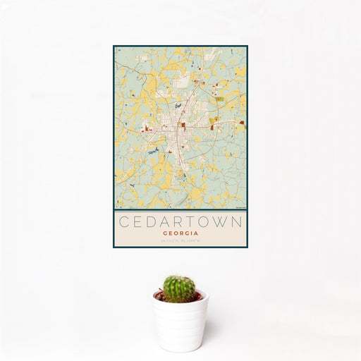 12x18 Cedartown Georgia Map Print Portrait Orientation in Woodblock Style With Small Cactus Plant in White Planter