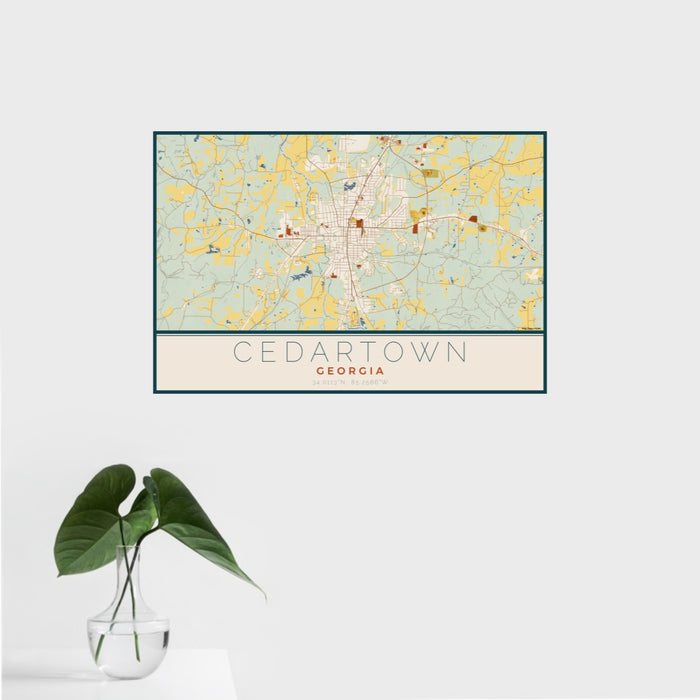 16x24 Cedartown Georgia Map Print Landscape Orientation in Woodblock Style With Tropical Plant Leaves in Water