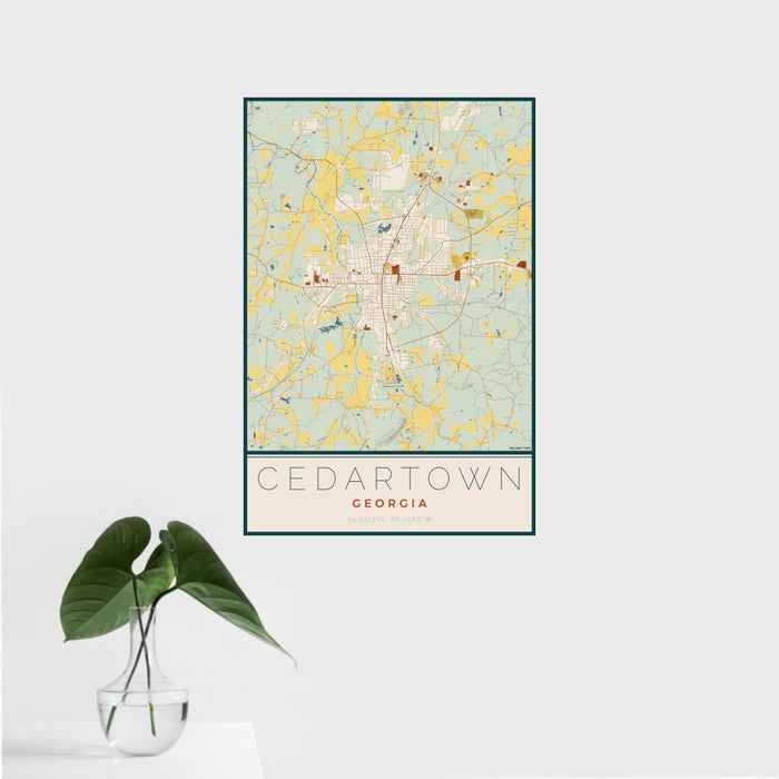 16x24 Cedartown Georgia Map Print Portrait Orientation in Woodblock Style With Tropical Plant Leaves in Water