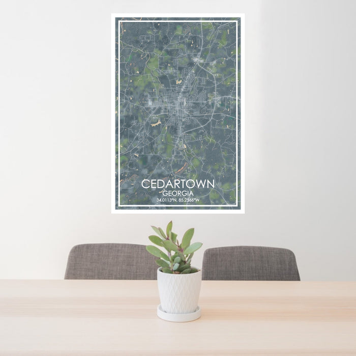 24x36 Cedartown Georgia Map Print Portrait Orientation in Afternoon Style Behind 2 Chairs Table and Potted Plant
