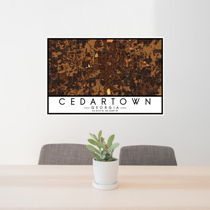 24x36 Cedartown Georgia Map Print Lanscape Orientation in Ember Style Behind 2 Chairs Table and Potted Plant