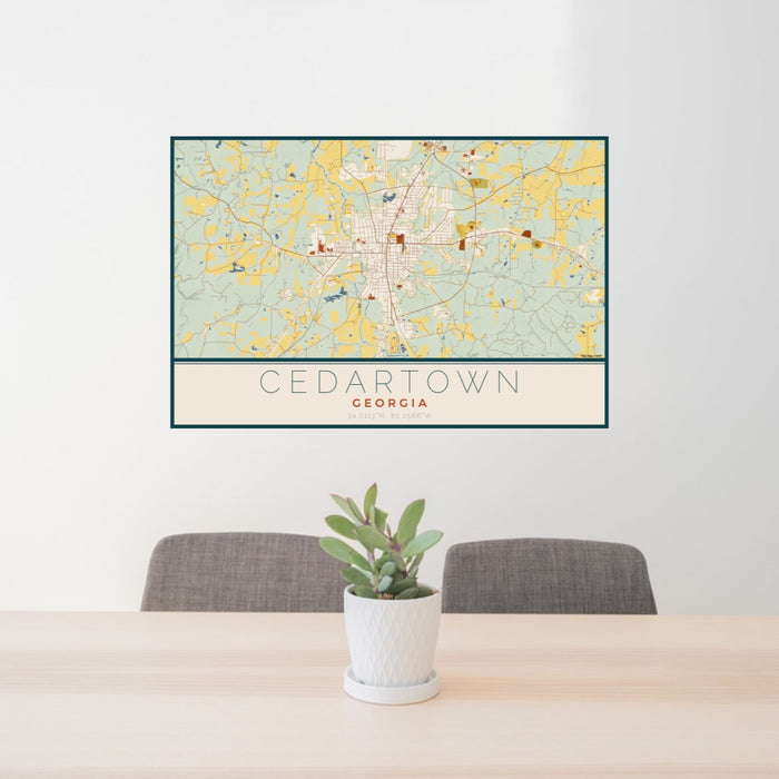 24x36 Cedartown Georgia Map Print Lanscape Orientation in Woodblock Style Behind 2 Chairs Table and Potted Plant