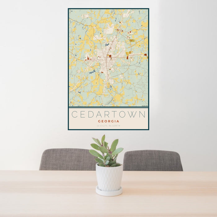 24x36 Cedartown Georgia Map Print Portrait Orientation in Woodblock Style Behind 2 Chairs Table and Potted Plant