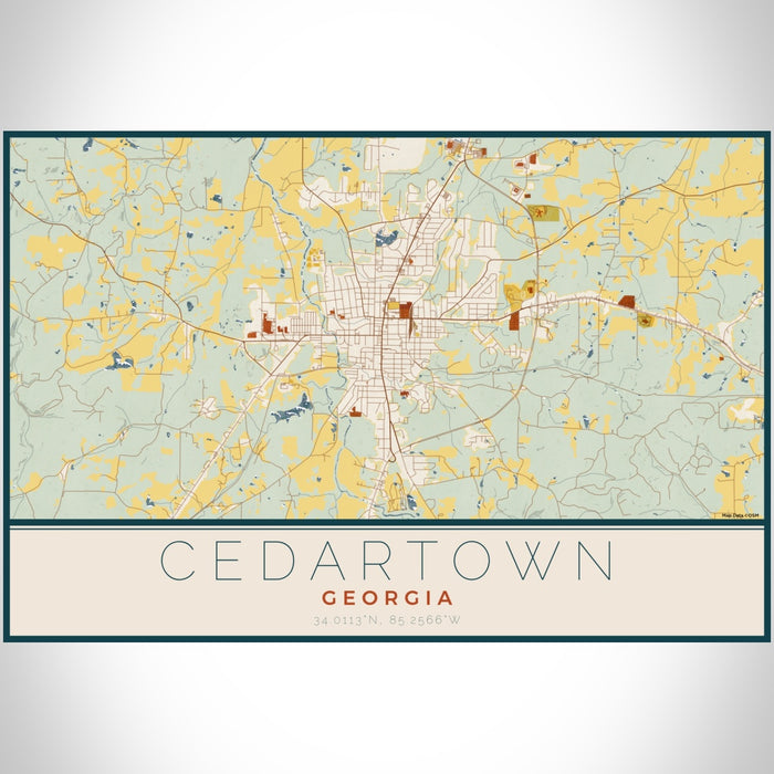 Cedartown Georgia Map Print Landscape Orientation in Woodblock Style With Shaded Background