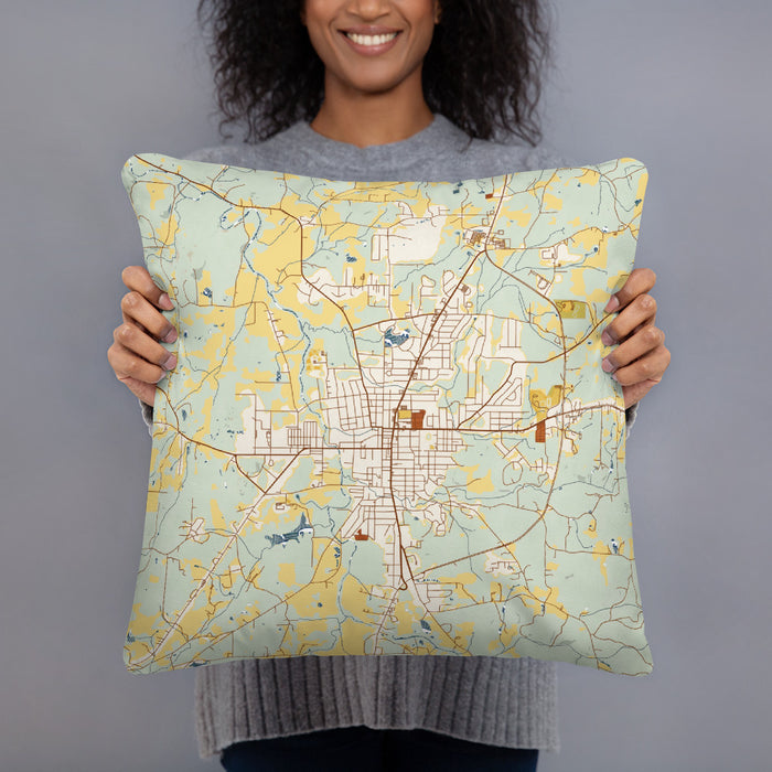 Person holding 18x18 Custom Cedartown Georgia Map Throw Pillow in Woodblock