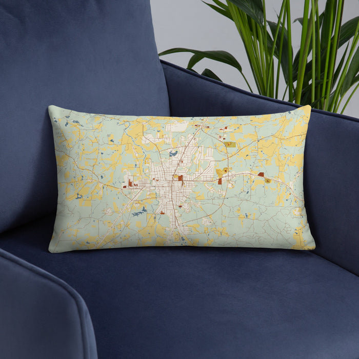 Custom Cedartown Georgia Map Throw Pillow in Woodblock on Blue Colored Chair