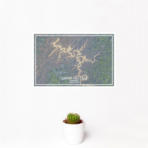 12x18 Center Hill Lake Tennessee Map Print Landscape Orientation in Afternoon Style With Small Cactus Plant in White Planter