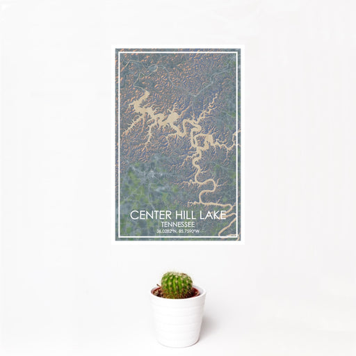 12x18 Center Hill Lake Tennessee Map Print Portrait Orientation in Afternoon Style With Small Cactus Plant in White Planter