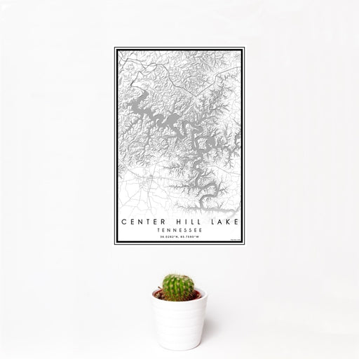12x18 Center Hill Lake Tennessee Map Print Portrait Orientation in Classic Style With Small Cactus Plant in White Planter