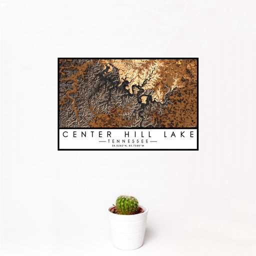 12x18 Center Hill Lake Tennessee Map Print Landscape Orientation in Ember Style With Small Cactus Plant in White Planter
