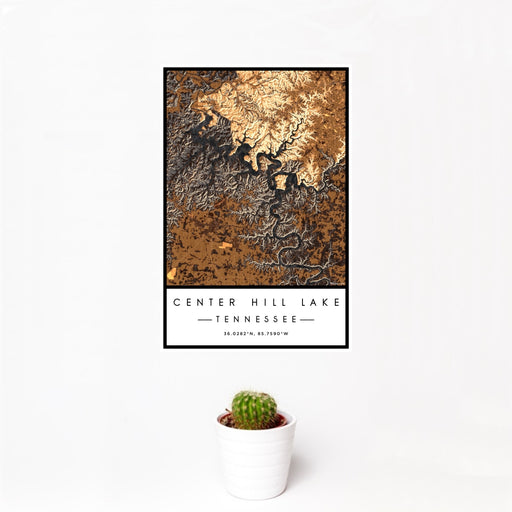 12x18 Center Hill Lake Tennessee Map Print Portrait Orientation in Ember Style With Small Cactus Plant in White Planter