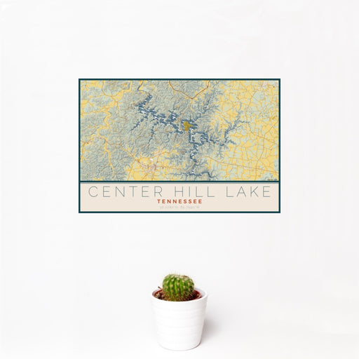 12x18 Center Hill Lake Tennessee Map Print Landscape Orientation in Woodblock Style With Small Cactus Plant in White Planter