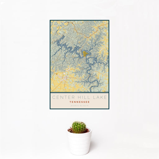 12x18 Center Hill Lake Tennessee Map Print Portrait Orientation in Woodblock Style With Small Cactus Plant in White Planter