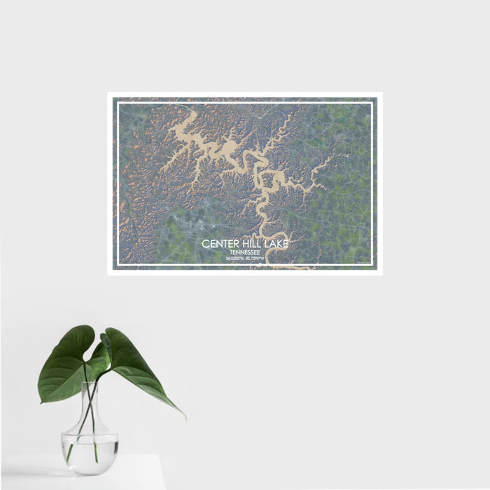 16x24 Center Hill Lake Tennessee Map Print Landscape Orientation in Afternoon Style With Tropical Plant Leaves in Water