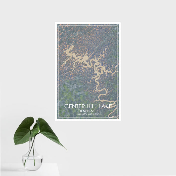 16x24 Center Hill Lake Tennessee Map Print Portrait Orientation in Afternoon Style With Tropical Plant Leaves in Water