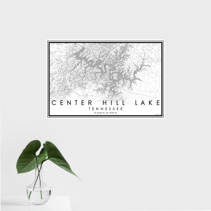16x24 Center Hill Lake Tennessee Map Print Landscape Orientation in Classic Style With Tropical Plant Leaves in Water