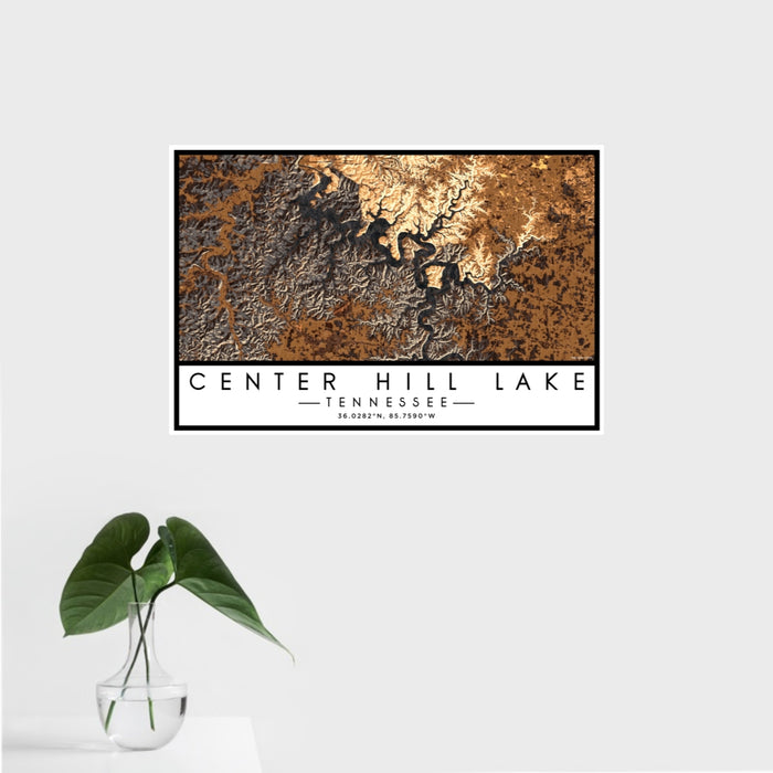 16x24 Center Hill Lake Tennessee Map Print Landscape Orientation in Ember Style With Tropical Plant Leaves in Water