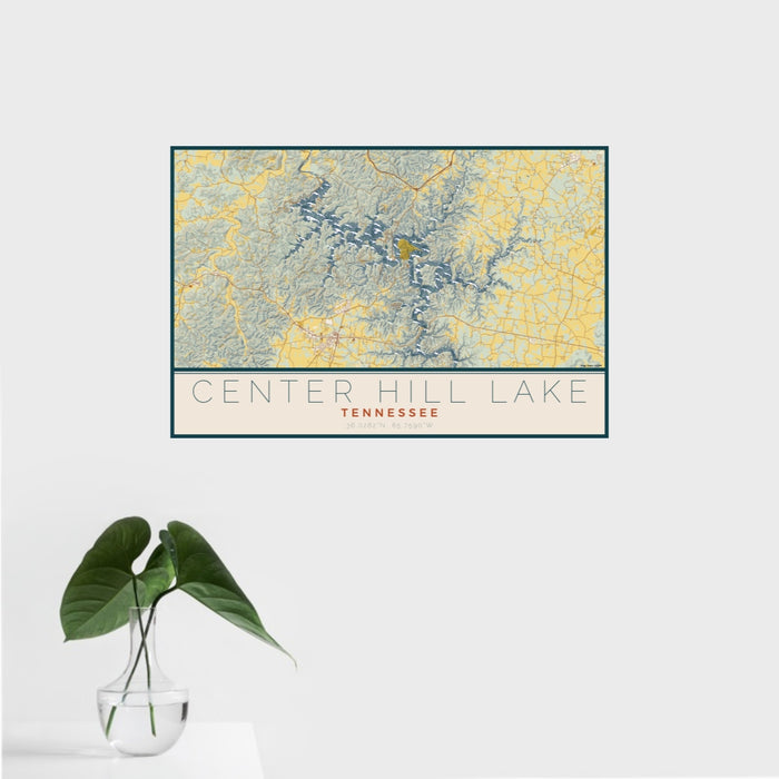 16x24 Center Hill Lake Tennessee Map Print Landscape Orientation in Woodblock Style With Tropical Plant Leaves in Water
