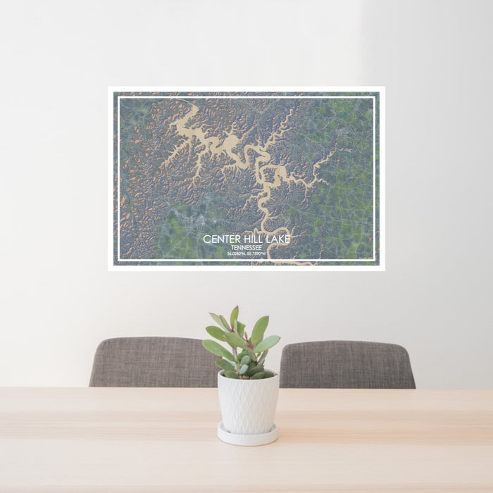 24x36 Center Hill Lake Tennessee Map Print Lanscape Orientation in Afternoon Style Behind 2 Chairs Table and Potted Plant