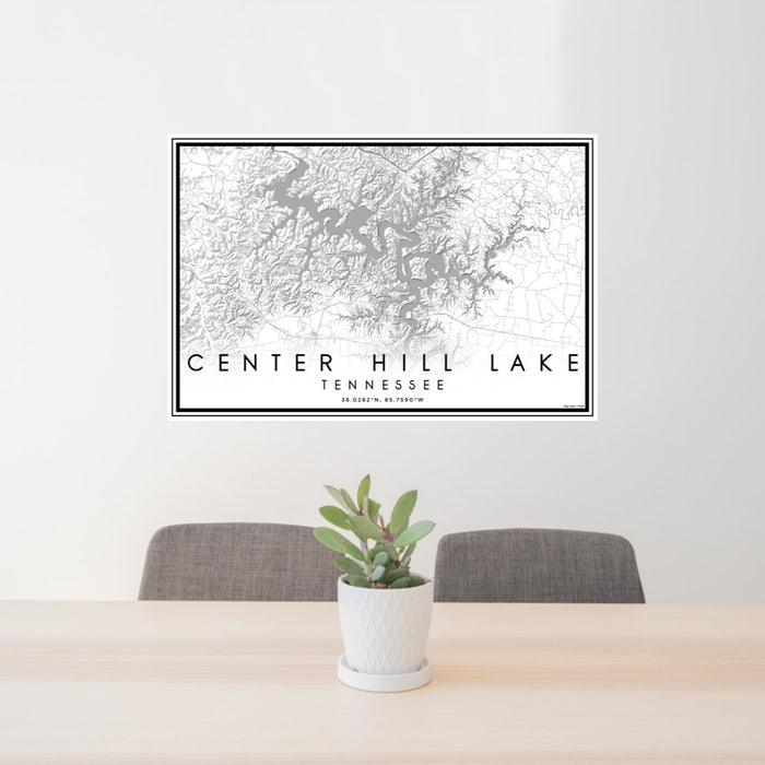 24x36 Center Hill Lake Tennessee Map Print Lanscape Orientation in Classic Style Behind 2 Chairs Table and Potted Plant