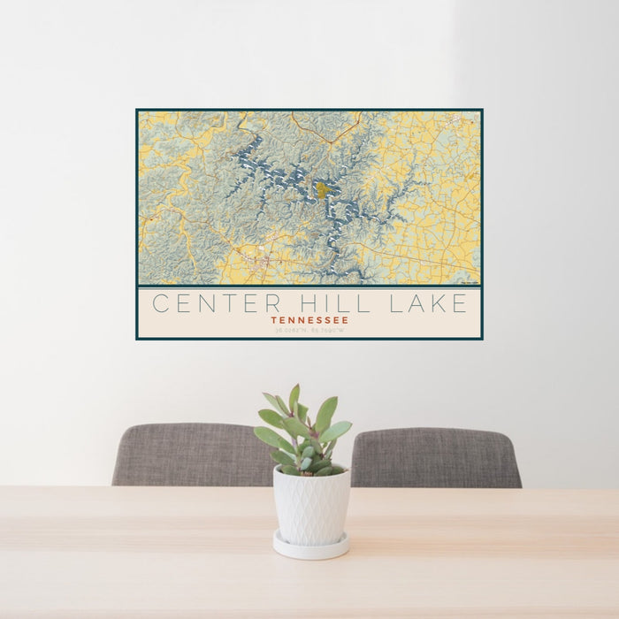 24x36 Center Hill Lake Tennessee Map Print Lanscape Orientation in Woodblock Style Behind 2 Chairs Table and Potted Plant