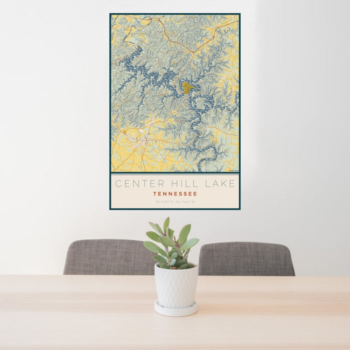 24x36 Center Hill Lake Tennessee Map Print Portrait Orientation in Woodblock Style Behind 2 Chairs Table and Potted Plant