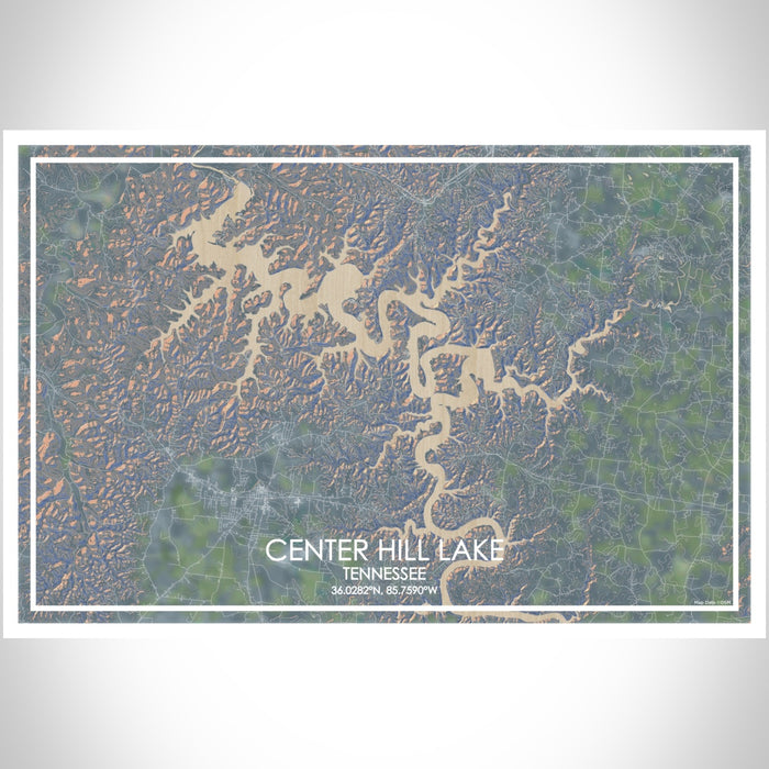 Center Hill Lake Tennessee Map Print Landscape Orientation in Afternoon Style With Shaded Background