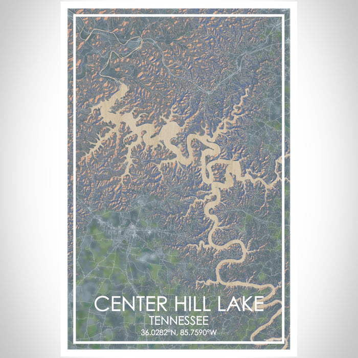 Center Hill Lake Tennessee Map Print Portrait Orientation in Afternoon Style With Shaded Background