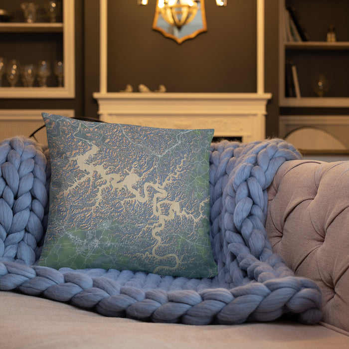 Custom Center Hill Lake Tennessee Map Throw Pillow in Afternoon on Cream Colored Couch