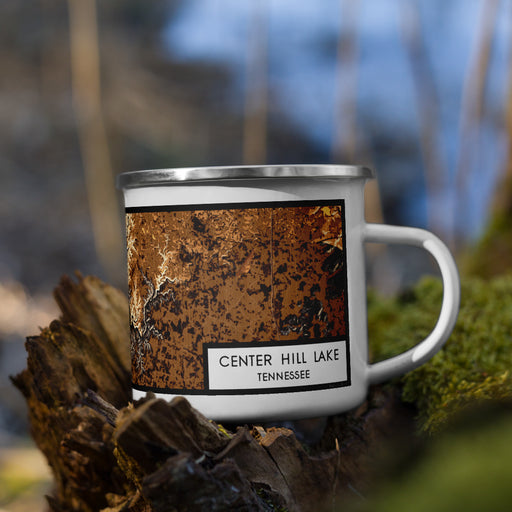 Right View Custom Center Hill Lake Tennessee Map Enamel Mug in Ember on Grass With Trees in Background