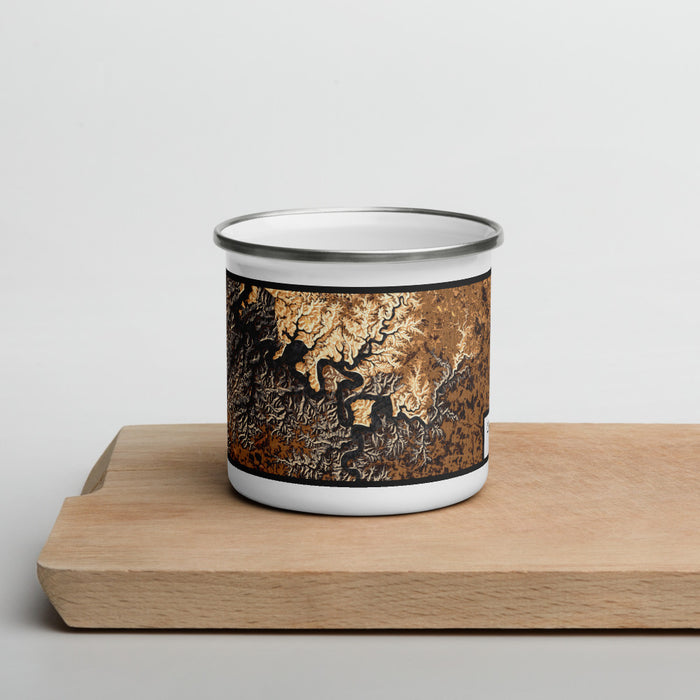 Front View Custom Center Hill Lake Tennessee Map Enamel Mug in Ember on Cutting Board