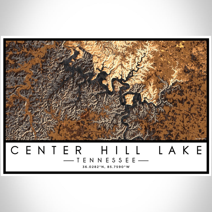 Center Hill Lake Tennessee Map Print Landscape Orientation in Ember Style With Shaded Background