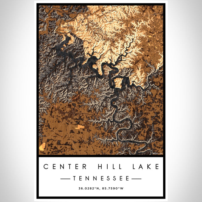 Center Hill Lake Tennessee Map Print Portrait Orientation in Ember Style With Shaded Background