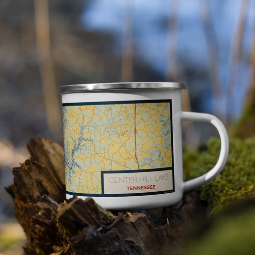 Right View Custom Center Hill Lake Tennessee Map Enamel Mug in Woodblock on Grass With Trees in Background