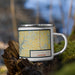 Right View Custom Center Hill Lake Tennessee Map Enamel Mug in Woodblock on Grass With Trees in Background