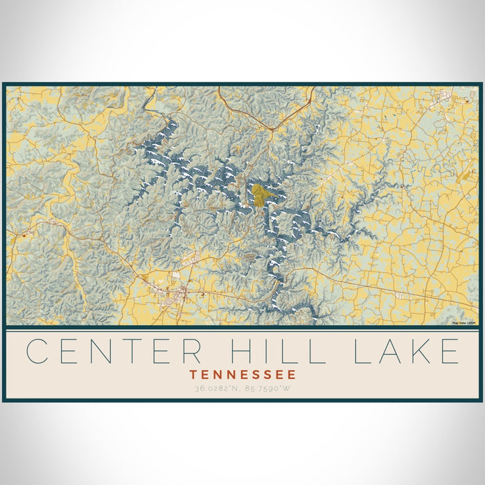 Center Hill Lake Tennessee Map Print Landscape Orientation in Woodblock Style With Shaded Background
