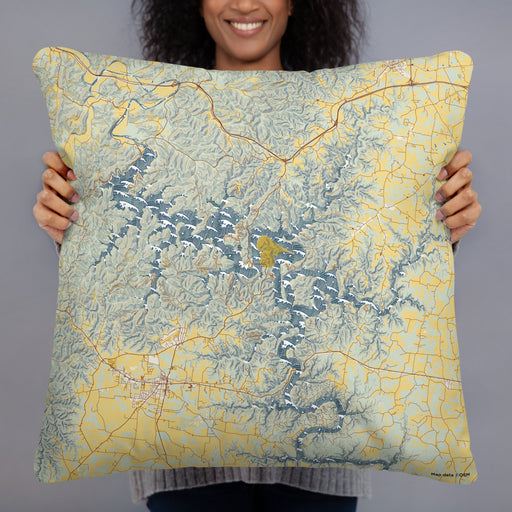 Person holding 22x22 Custom Center Hill Lake Tennessee Map Throw Pillow in Woodblock